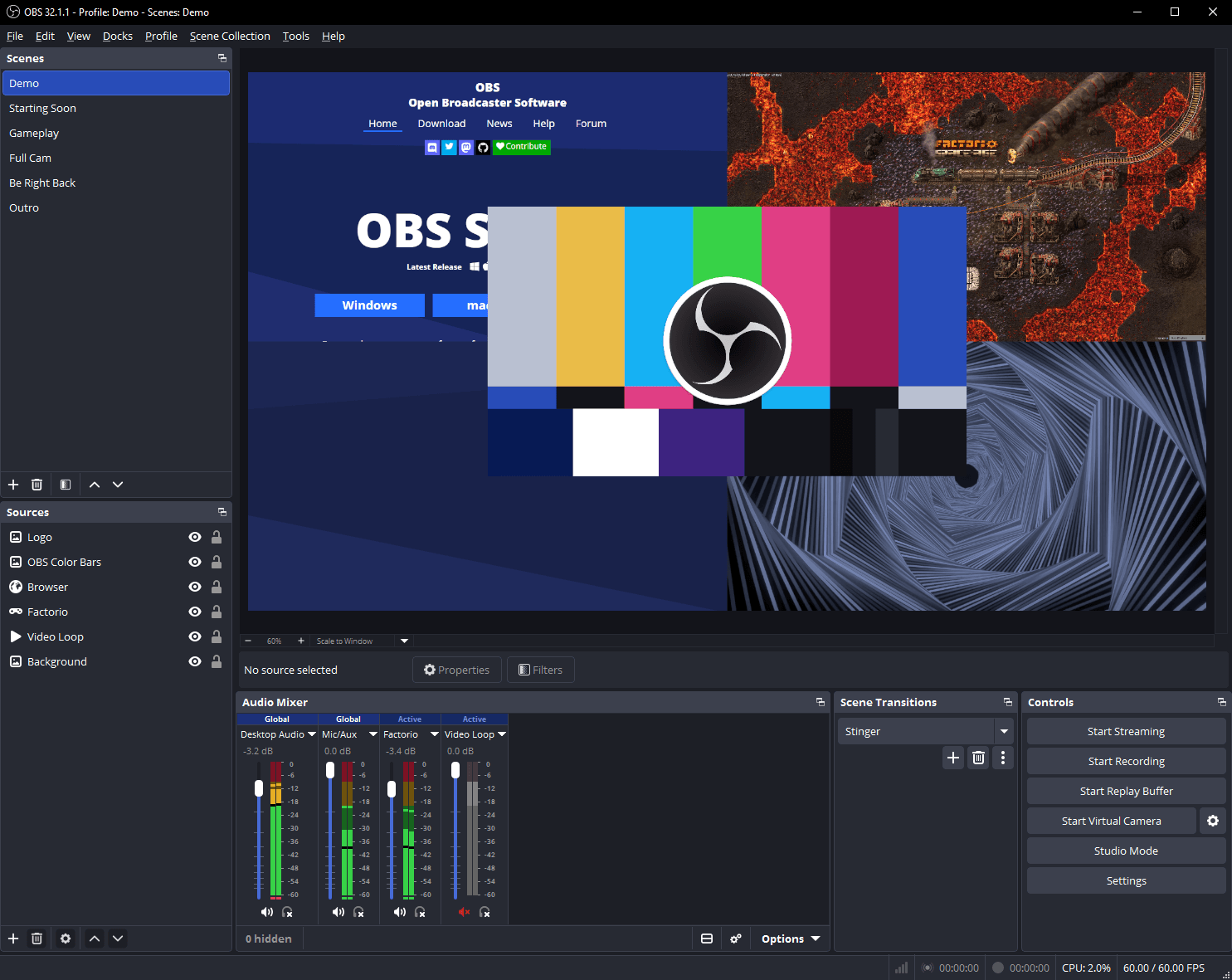 OBS Studio interface on Windows showing scenes, sources and the audio mixer